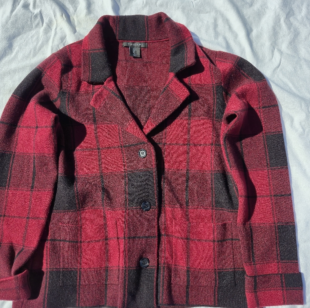 Tahari Red & Black Buffalo Plaid Women's Sweater Blazer Large "Hunting" Style A4